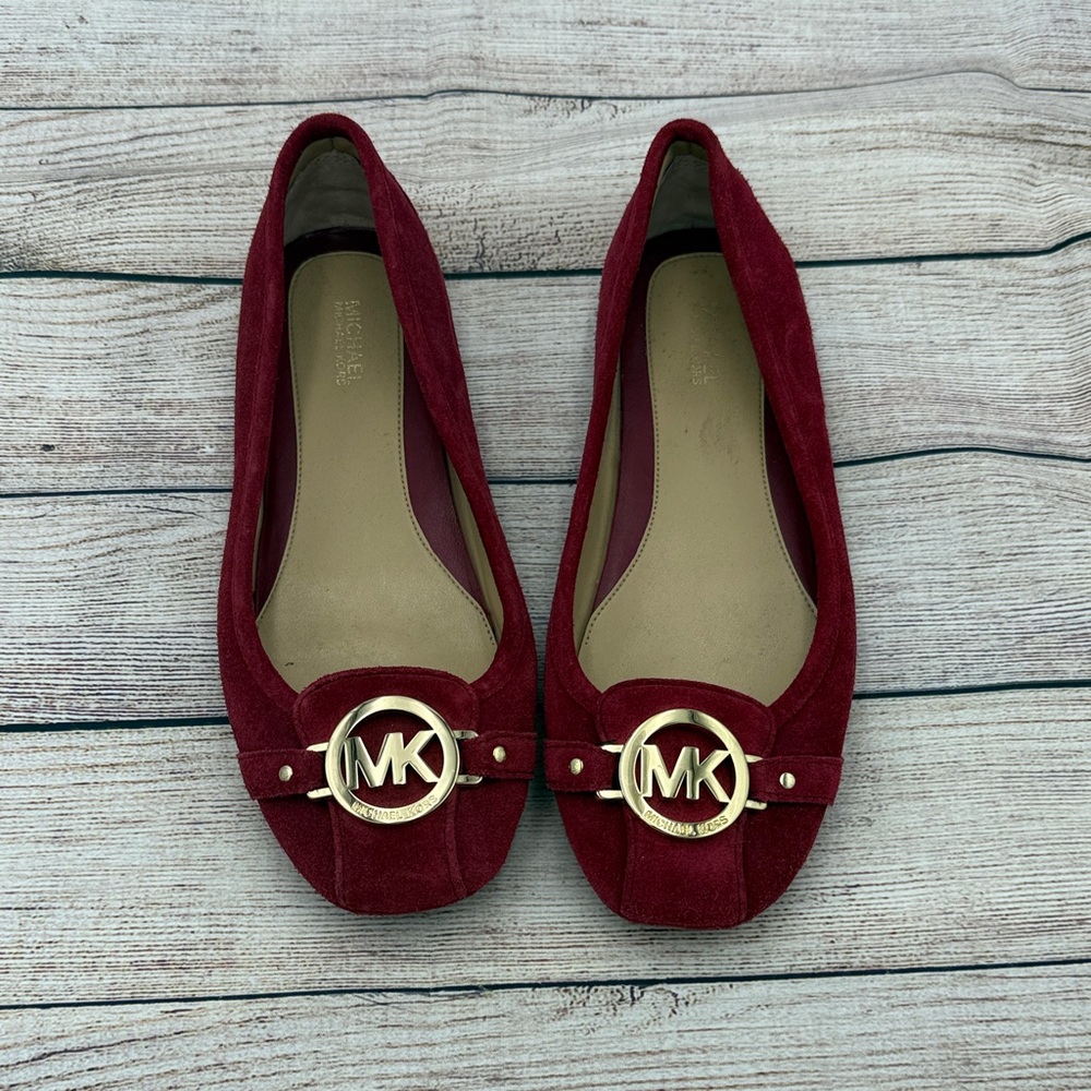 Michael Kors Burgundy Suede Loafers with Gold Accents